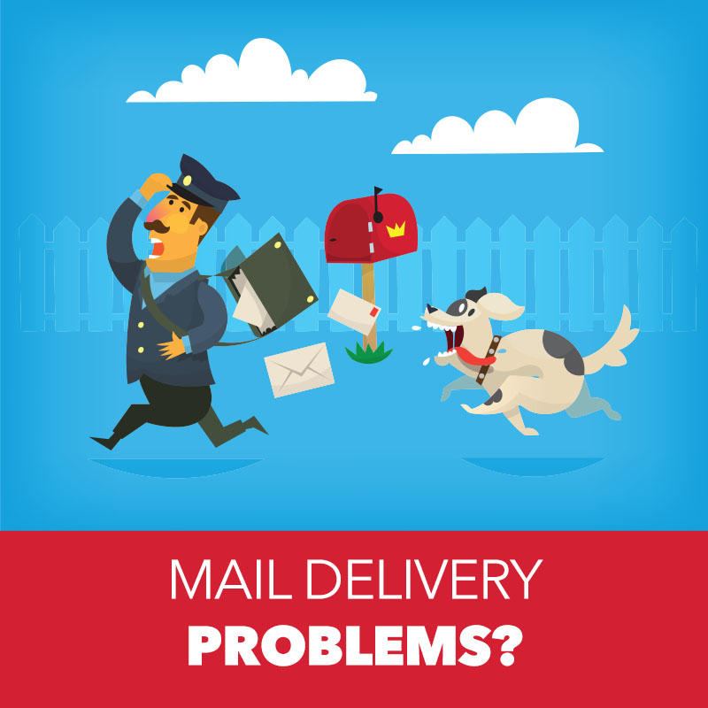 Cartoon illustration of dog chasing a mailman, with letters flying out of his bag.